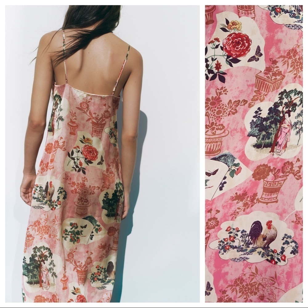 NWT. Zara Pink Printed Midi Dress with V-neckline. Size S. - Picture 3 of 11